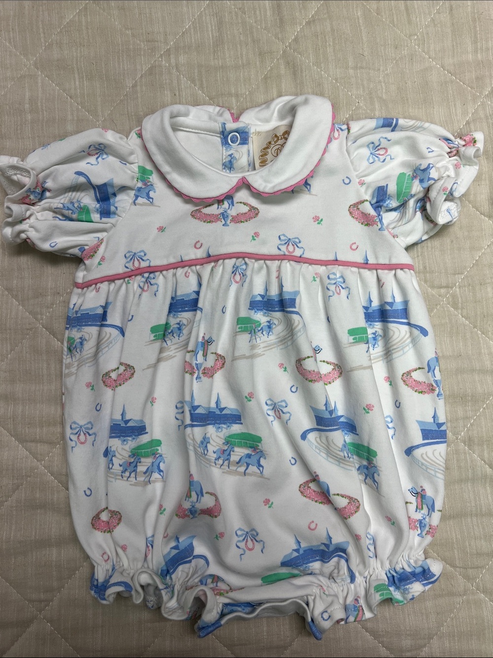 The Beaufort Bonnet Company White and Blue Carousel Print One-Piece